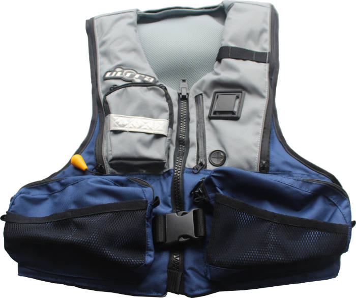 Utra Inflatable Fisher PFD vest has a front-opening zip, adjustable side  tabs and multple pockets for fishing gear.